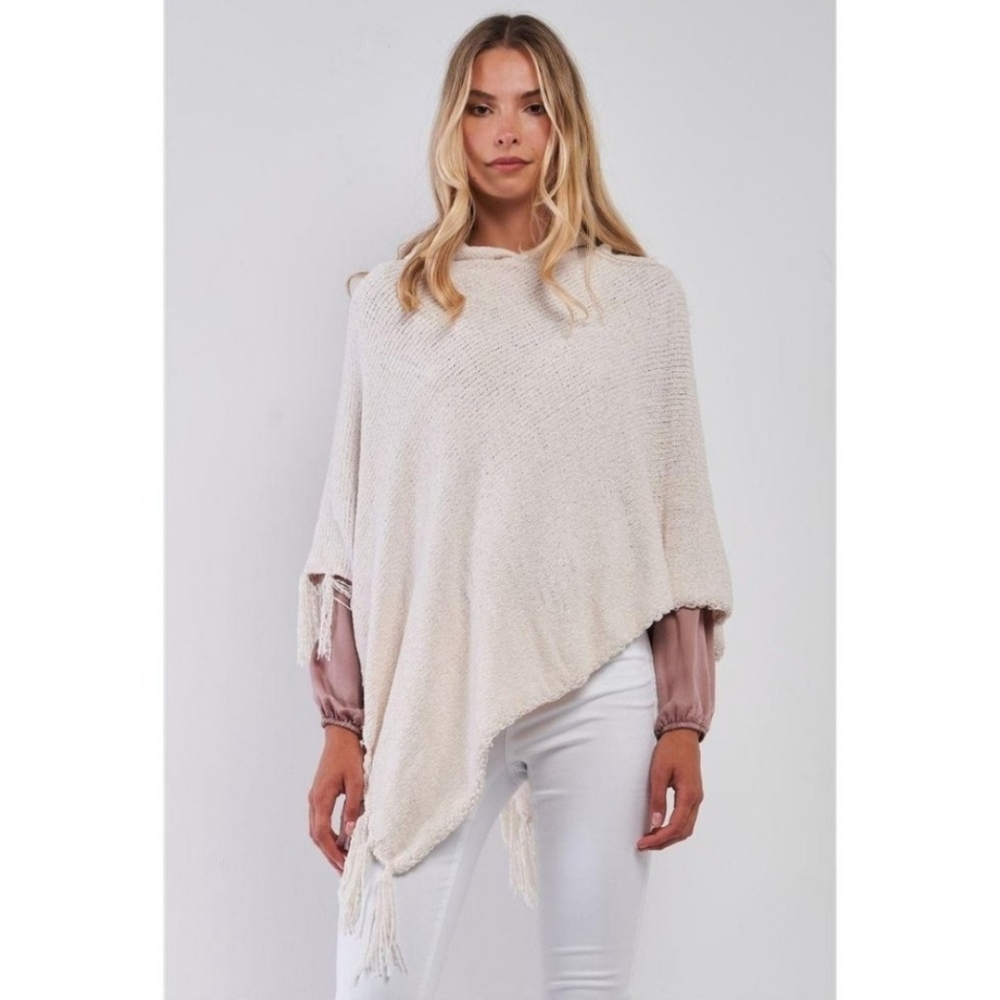 Hooded Ivory Chenille Knit Tassel Poncho
